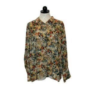 JJILL Women's Wheat Floral Button Down Long Sleeve Blouse Top Size L/P Colorful